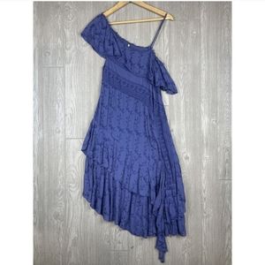 Free People Off the Shoulder Wisteria Blue Asymmetrical Embroidered Dress Size S